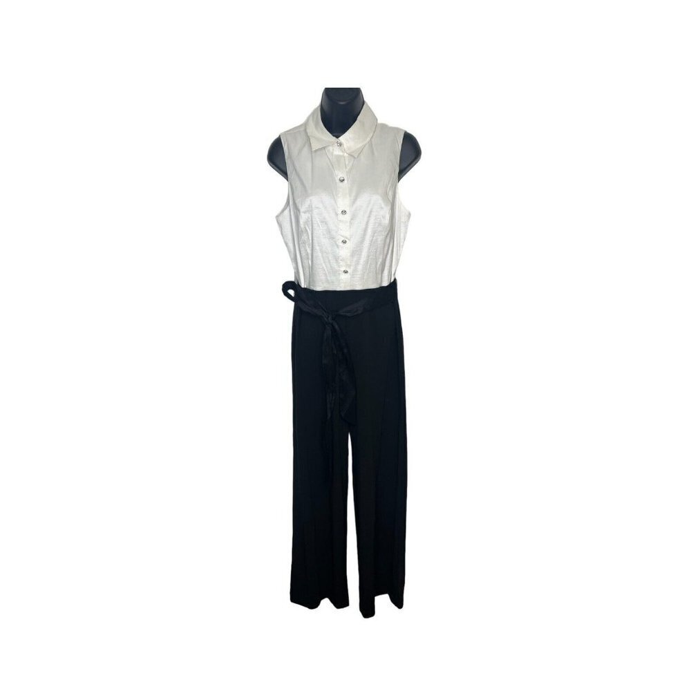 NWT MARINA Black/Beige Sleeveless Jumpsuit Size 8 Cocktail Black Waist Tie - Picture 4 of 10